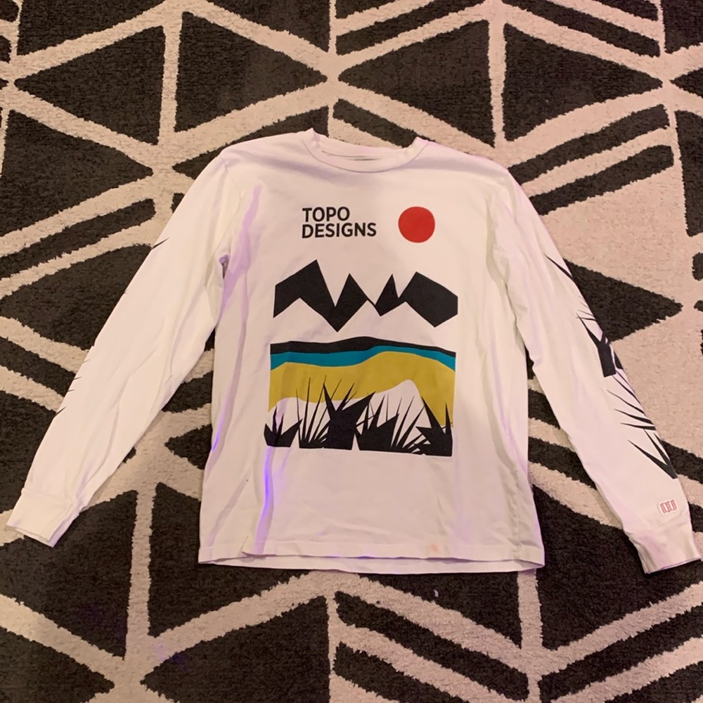 Topo designs, white with design on Front, small, regular fit.